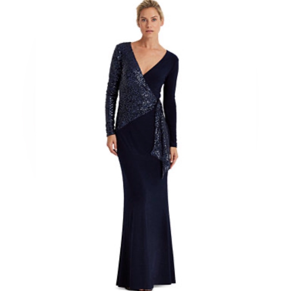 Lauren Ralph Lauren Navy Sequin Wrap Maxi Dress Long Sleeve Elegant